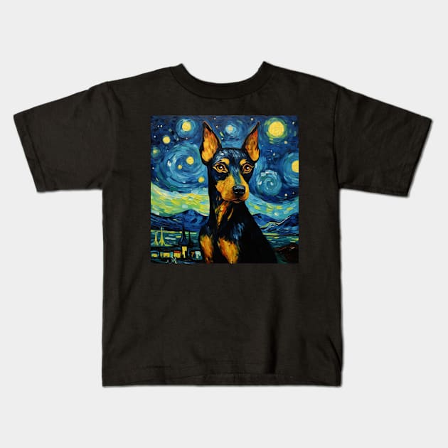 German Pinscher portrait in Van Gogh Starry Night style Kids T-Shirt by NatashaCuteShop